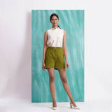 Olive Green Mirror Work Handspun Cotton Mid-Rise Elasticated Shorts