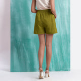 Olive Green Mirror Work Handspun Cotton Mid-Rise Elasticated Shorts