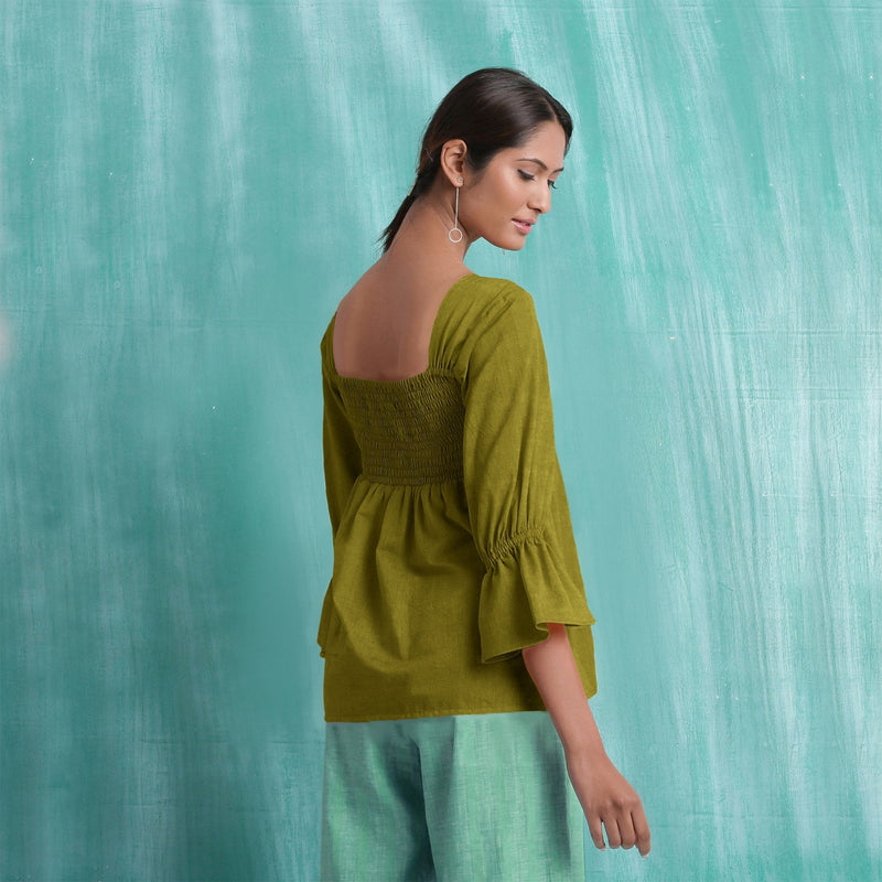Olive Green Mirror Work Handspun Cotton Poet Sleeves Yoked Top