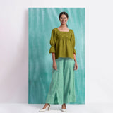 Olive Green Mirror Work Handspun Cotton Poet Sleeves Yoked Top