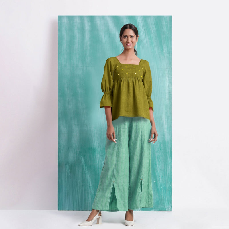 Olive Green Mirror Work Handspun Cotton Poet Sleeves Yoked Top