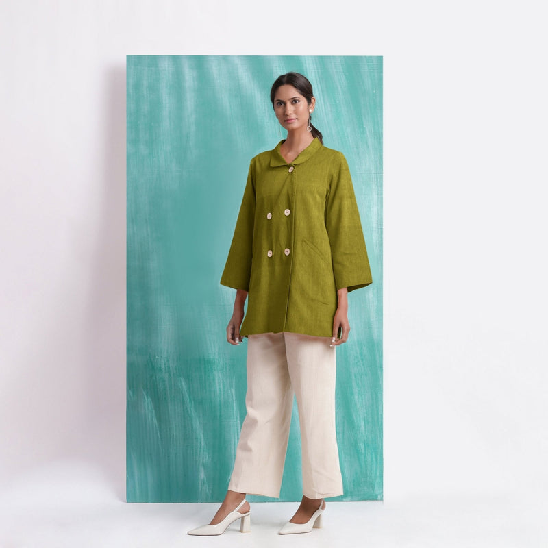 Olive Green Handspun Cotton Welt Pocket Coat