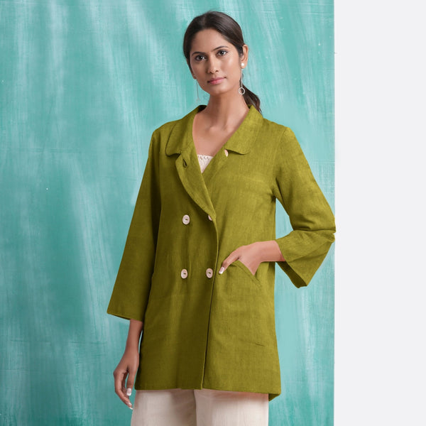 Olive Green Handspun Cotton Welt Pocket Coat