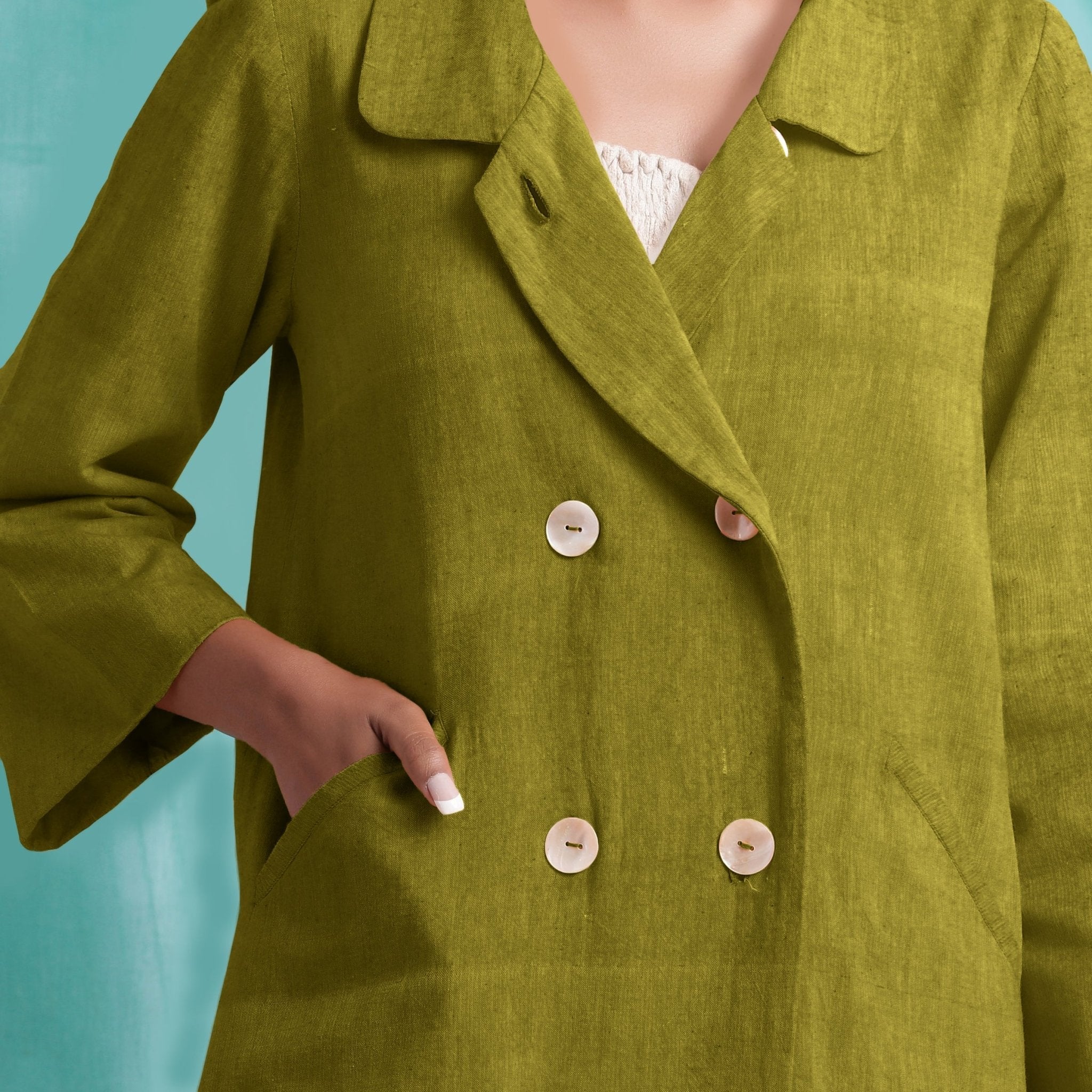 Olive Green Handspun Cotton Welt Pocket Coat