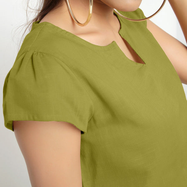 Front Detail of a Model wearing Olive Green Puff Sleeves Cotton A-Line Top