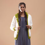 Front View of a Model wearing Olive Green Reversible Quilted Cotton Bomber Jacket