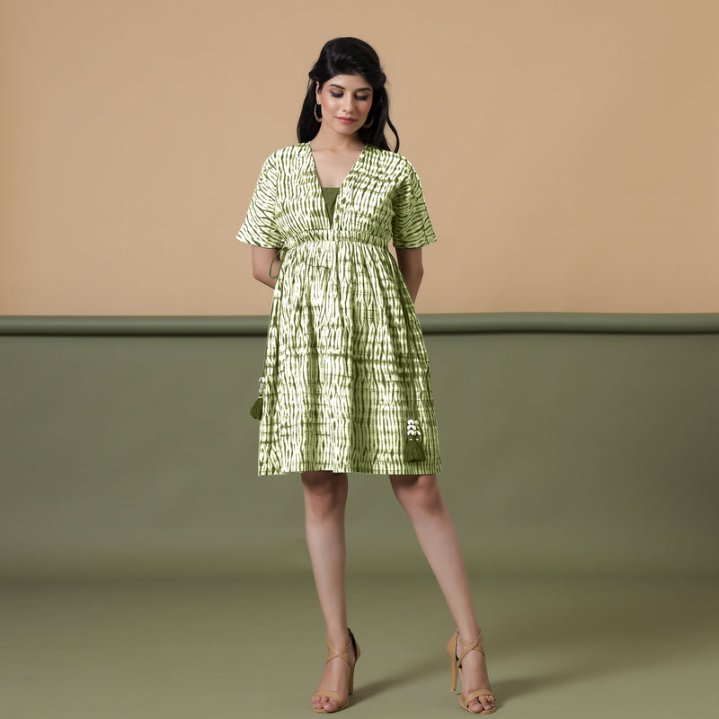 Front View of a Model wearing Olive Green Shibori Drop Shoulder Dress