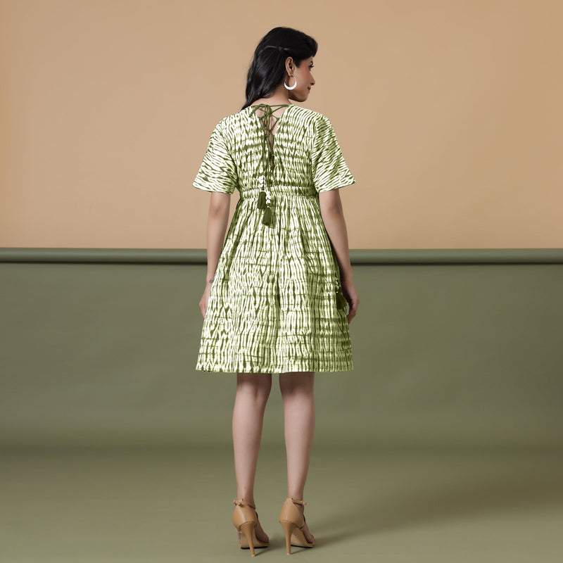 Back View of a Model wearing Olive Green Shibori Drop Shoulder Dress