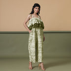 Right View of a Model wearing Olive Green Shibori Frilled Camisole Jumpsuit