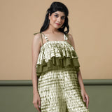 Front View of a Model wearing Olive Green Shibori Frilled Camisole Jumpsuit