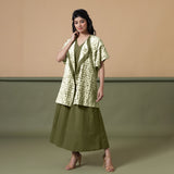 Front View of a Model wearing Olive Green Shibori Front Open Overlay