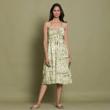 Front View of a Model wearing Olive Green Shibori Halter Neck Gathered Dress