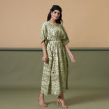 Right View of a Model wearing Olive Green Shibori Kaftan Dress