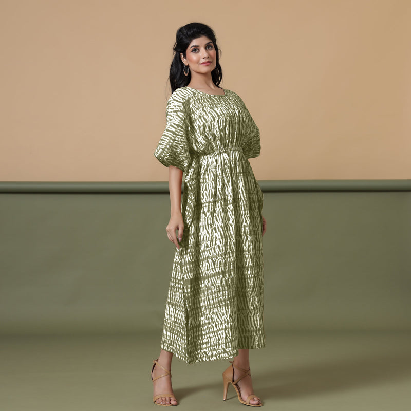 Right View of a Model wearing Olive Green Shibori Kaftan Dress