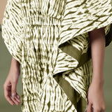 Front Detail of a Model wearing Olive Green Shibori V-Neck Kaftan Jumpsuit