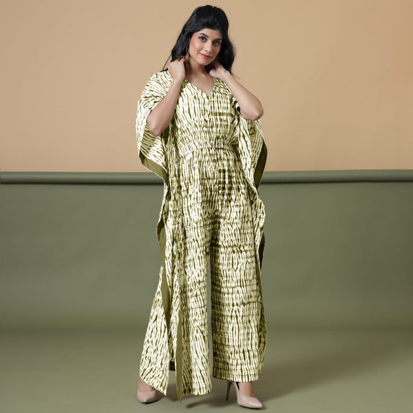 Front View of a Model wearing Olive Green Shibori V-Neck Kaftan Jumpsuit