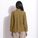 Back View of a Model wearing Olive Green Waffle Button-Down Pocket Shirt