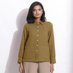 Front View of a Model wearing Olive Green Waffle Button-Down Pocket Shirt