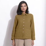 Front View of a Model wearing Olive Green Waffle Button-Down Pocket Shirt