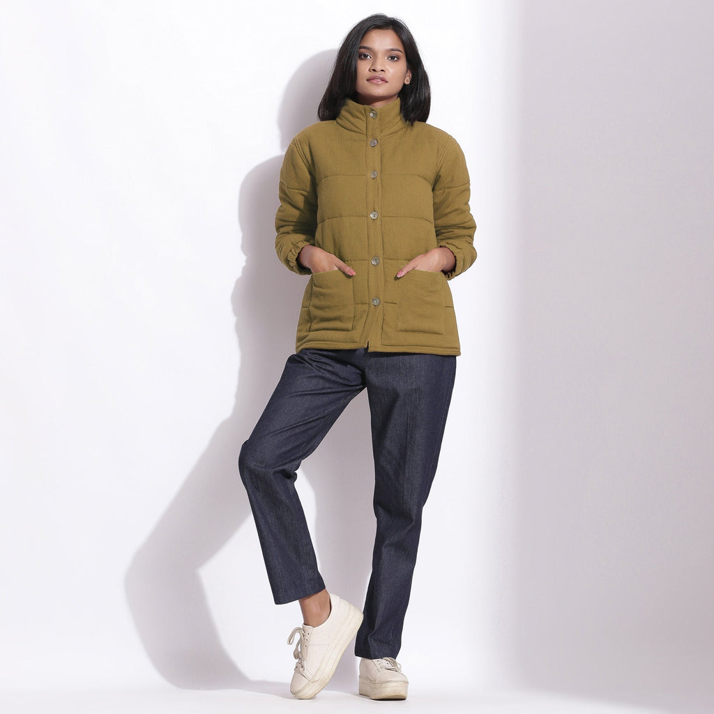 Front View of a Model wearing Olive Green Waffle Quilted Puffer Jacket