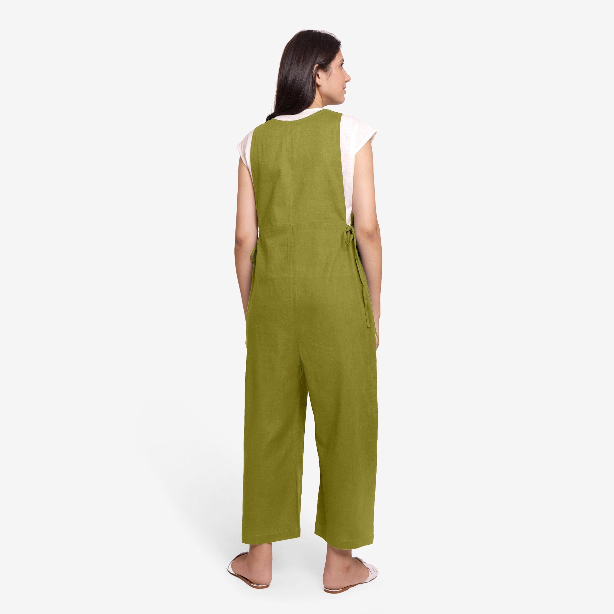 Back View of a Model wearing Olive Green Waist Tie Up Pinafore Jumpsuit