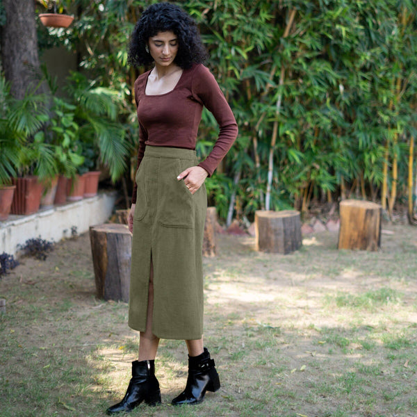 Olive Green Warm Cotton Corduroy High-Rise A-Line Midi Slit Skirt