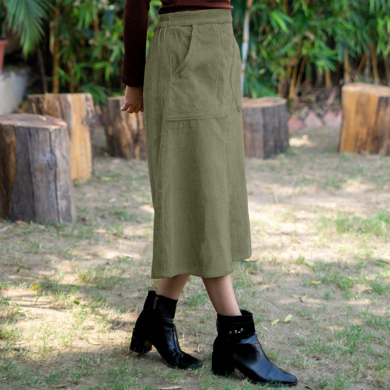 Olive Green Warm Cotton Corduroy High-Rise A-Line Midi Slit Skirt