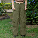 Olive Green Warm Cotton Corduroy High-Rise Baggy Cargo Pant