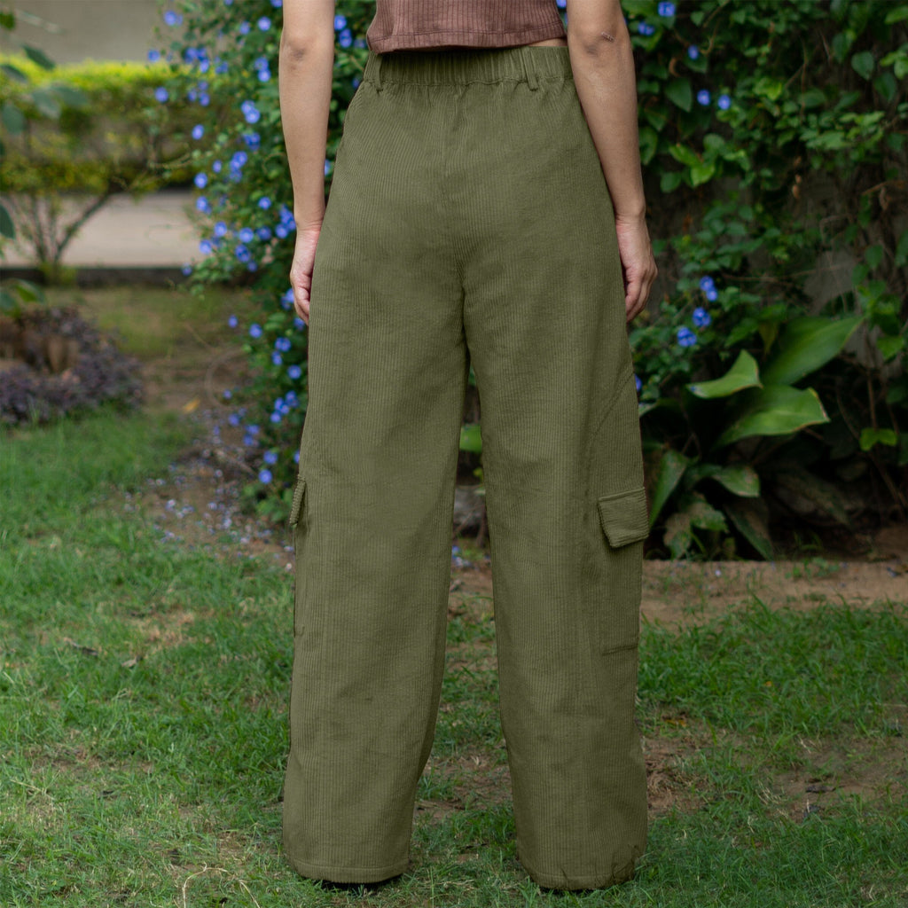 Olive Green Warm Cotton Corduroy High-Rise Baggy Cargo Pant