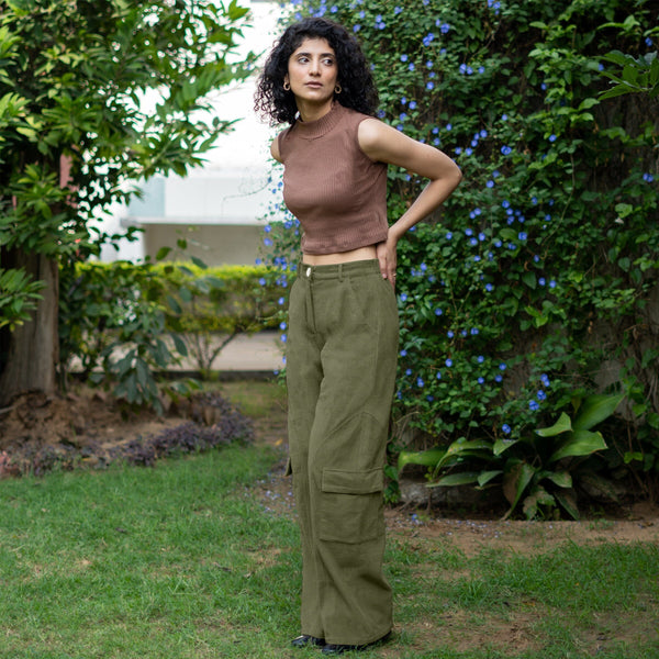 Olive Green Warm Cotton Corduroy High-Rise Baggy Cargo Pant