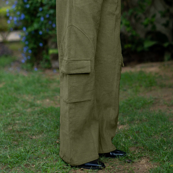 Olive Green Warm Cotton Corduroy High-Rise Baggy Cargo Pant