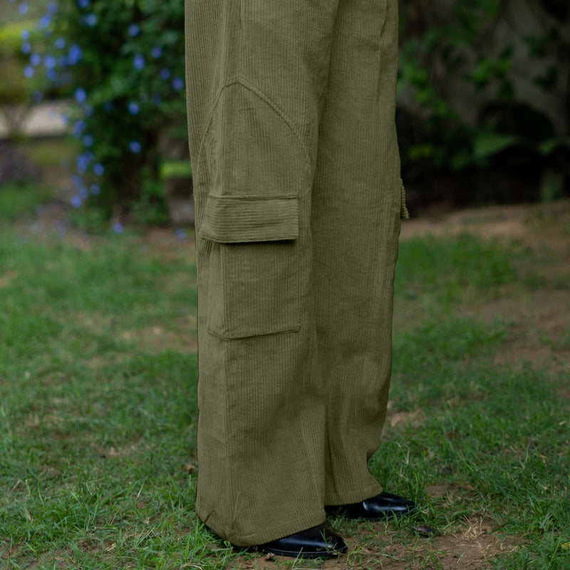 Olive Green Warm Cotton Corduroy High-Rise Baggy Cargo Pant