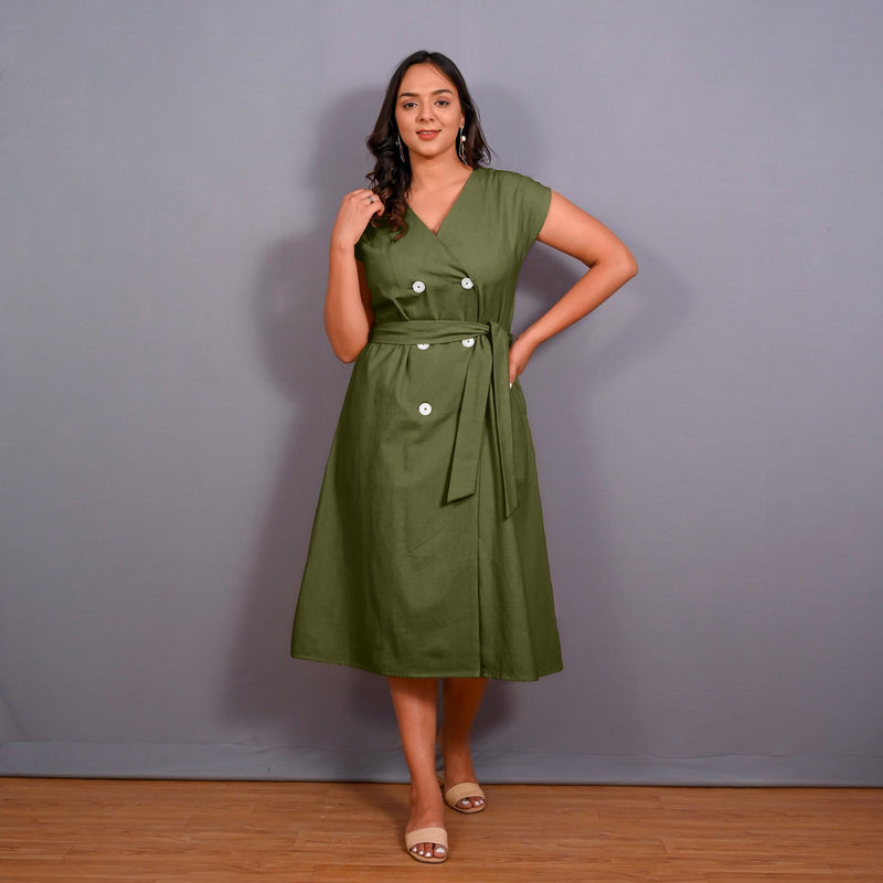 Olive Green Warm Cotton Flannel Button-Down A-Line Midi Dress
