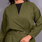 Olive Green Warm Cotton Flannel Double-Breasted Bomber Jacket