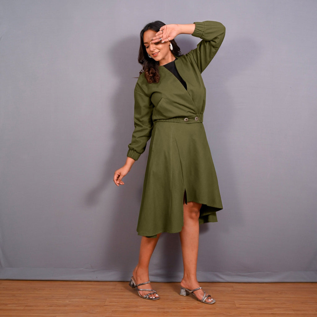 Olive Green Warm Cotton Flannel Double-Breasted Bomber Jacket
