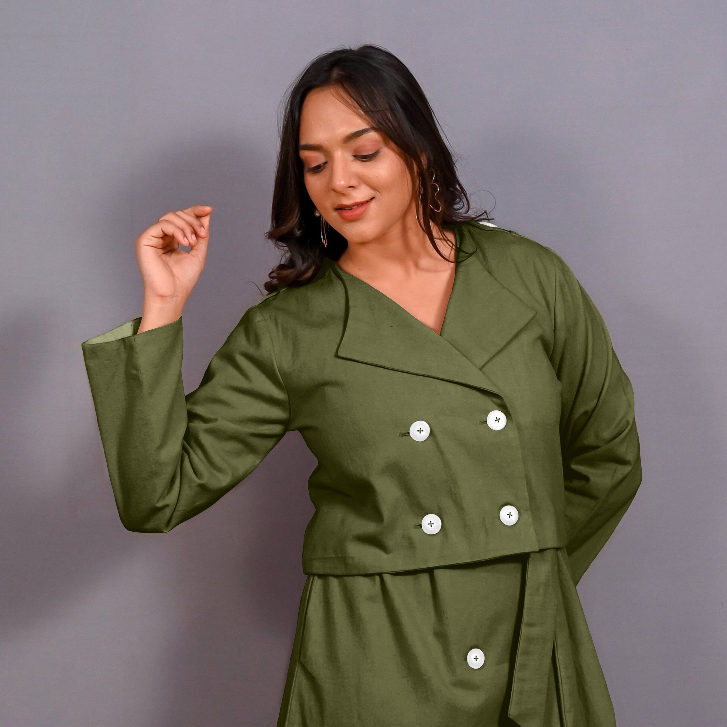 Olive Green Warm Cotton Flannel Double-Breasted Button-Down Shacket