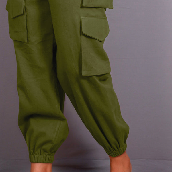 Olive Green Warm Cotton Flannel Elasticated Cargo Jogger Pant