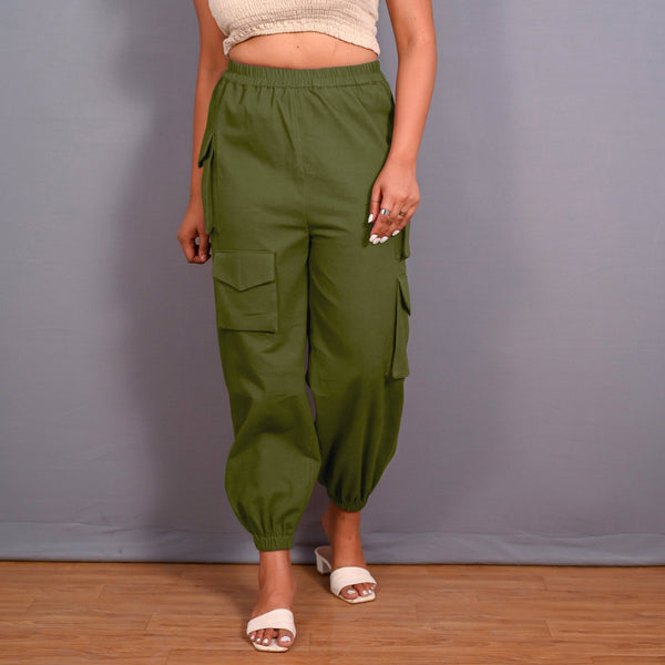 Olive Green Warm Cotton Flannel Elasticated Cargo Jogger Pant