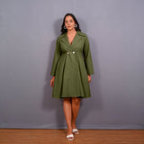 Olive Green Warm Cotton Flannel Fit and Flare Knee Length Blazer Dress