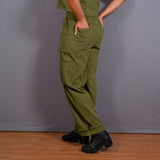 Olive Green Warm Cotton Flannel High-Rise  Convertible Jogger Cargo Pant