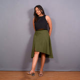 Olive Green Warm Cotton Flannel High-Rise Front Slit Asymmetric Skirt