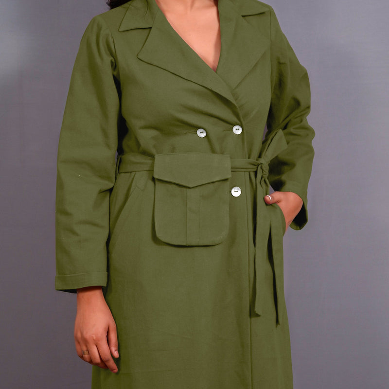 Olive Green Warm Cotton Flannel Midi Blazer Dress