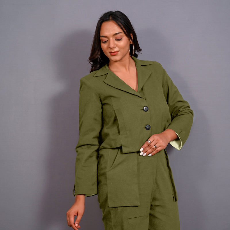 Olive Green Warm Cotton Flannel Single-Breasted Crop Blazer