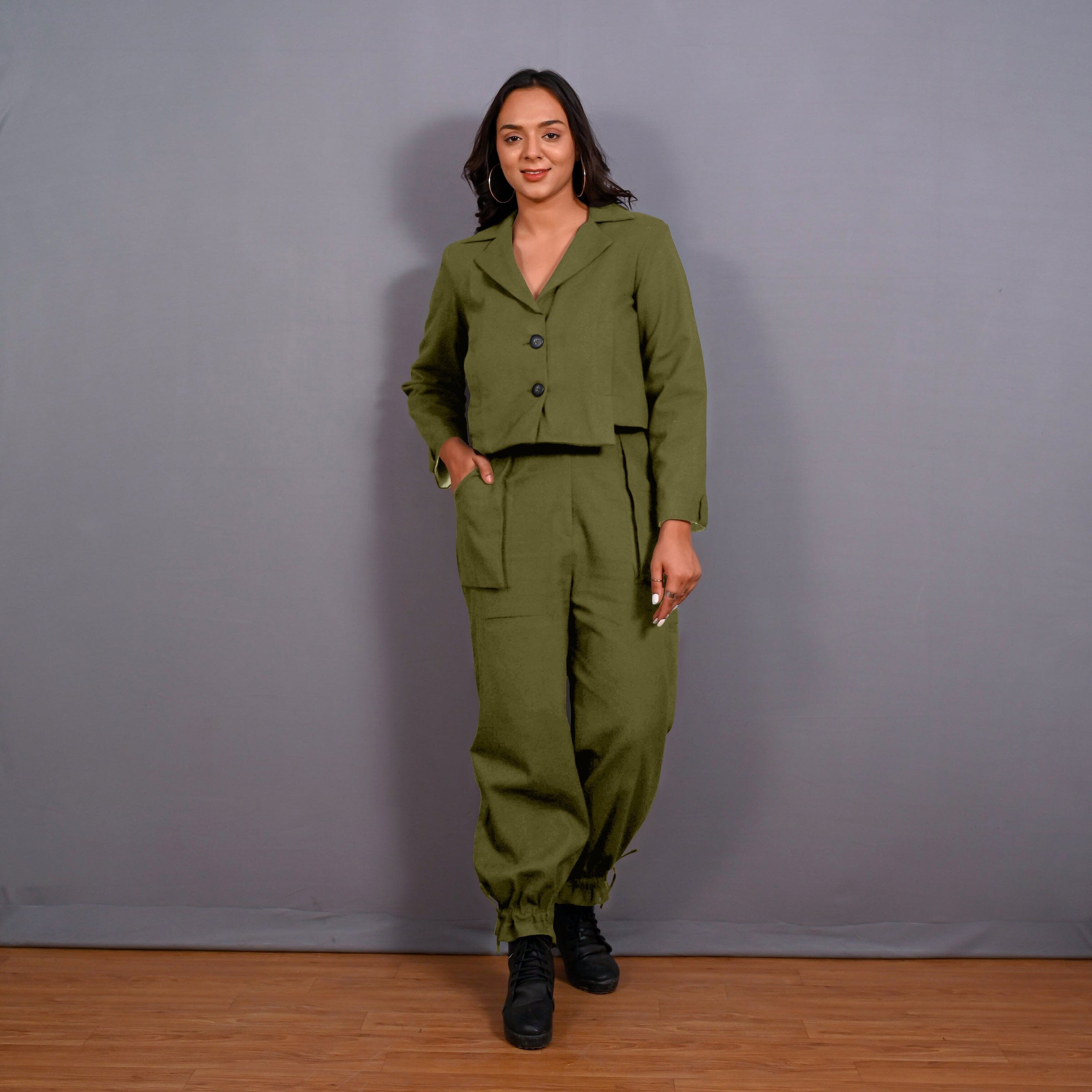 Olive Green Warm Cotton Flannel Single-Breasted Crop Blazer