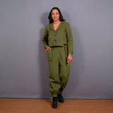 Olive Green Warm Cotton Flannel Single-Breasted Crop Blazer