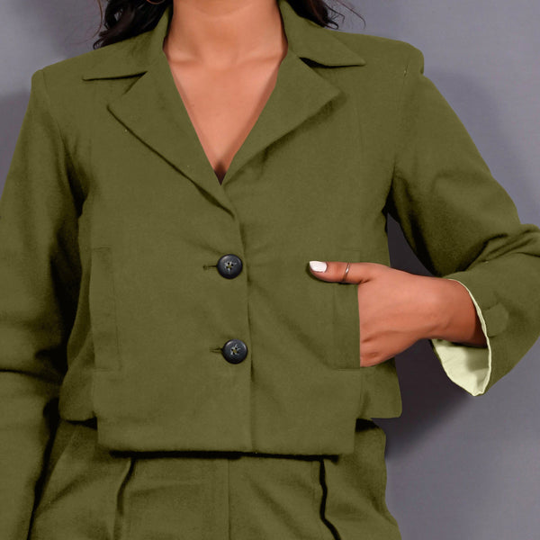 Olive Green Warm Cotton Flannel Single-Breasted Crop Blazer