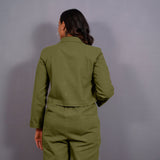 Olive Green Warm Cotton Flannel Single-Breasted Crop Blazer