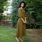 Olive Green Warm Cotton Waffle Fit and Flare Maxi Dress