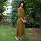 Olive Green Warm Cotton Waffle Fit and Flare Maxi Dress
