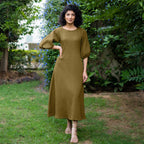 Olive Green Warm Cotton Waffle Fit and Flare Maxi Dress